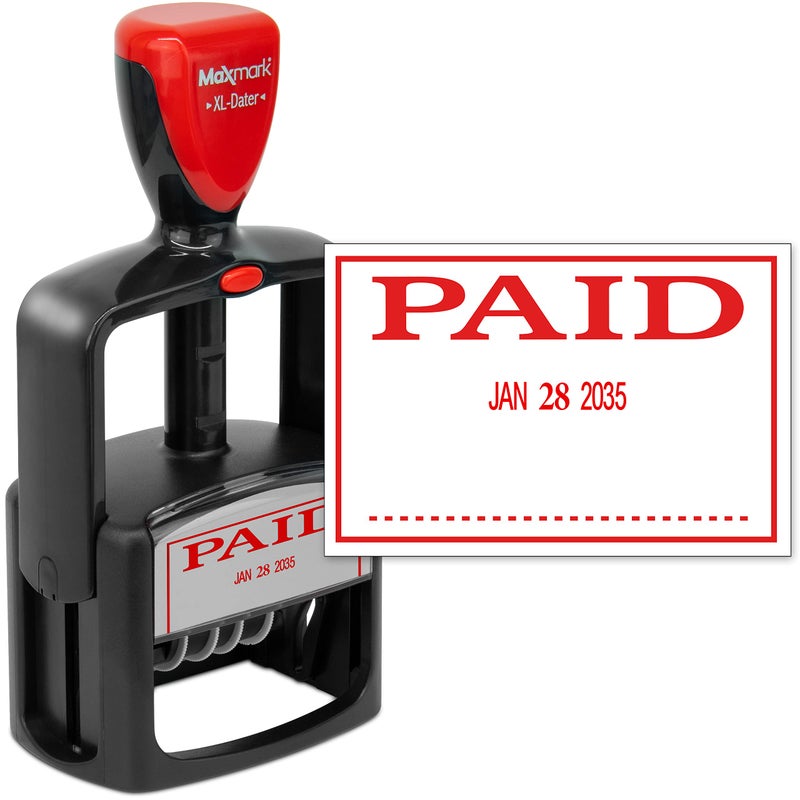 Rubber Stamp Creation MaxMark Heavy Duty Style 3 Date Stamp with Paid self Inking Stamp - Red Ink - Image 1